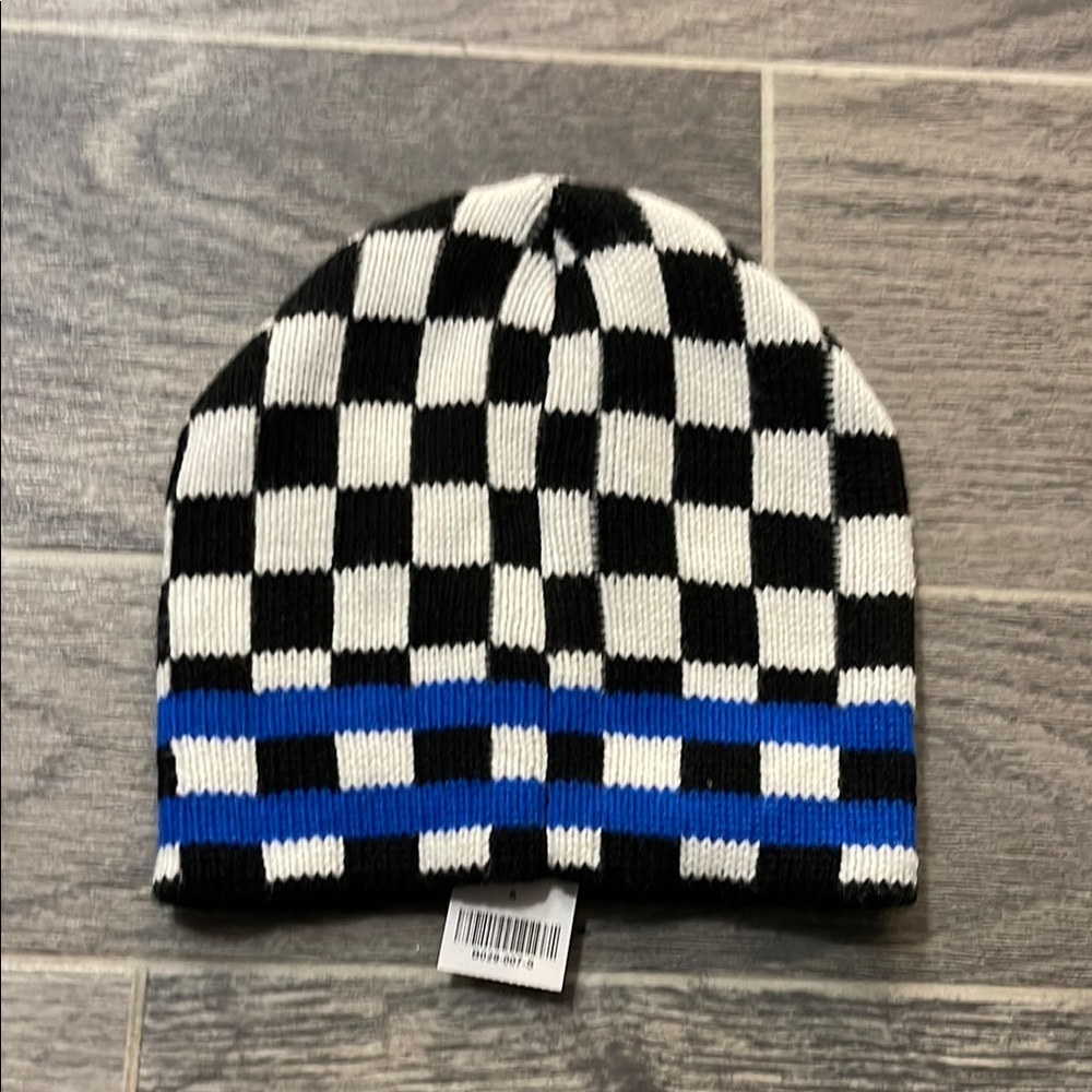 Checkered Black and White Beanie with Blue Stripe